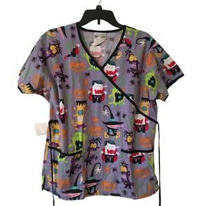 Uniform Advantage Scrubs Medium Top Halloween Monsters With Black Piping  & Ties